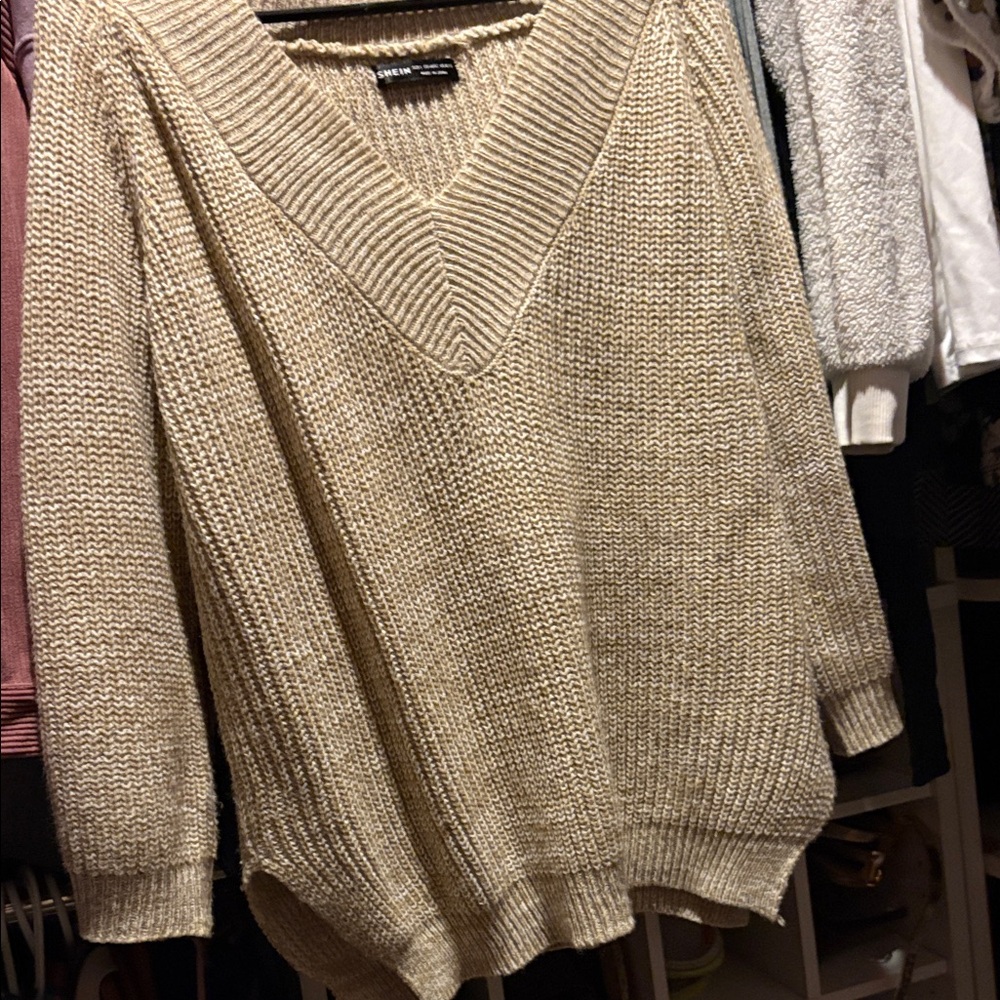 SHEIN Cream V-Neck Sweater for Women